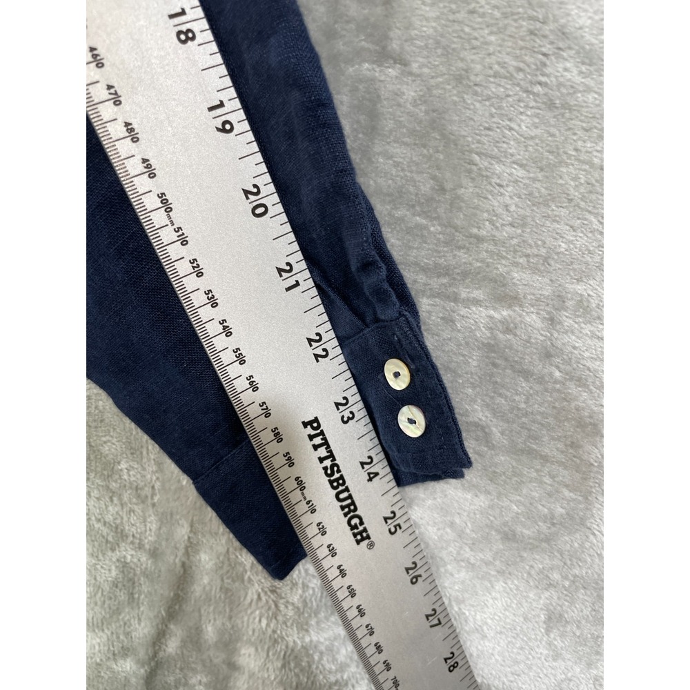TAHARI 100% Linen Tunic Shirt Women's L Navy Long Sleeve Relaxed Coastal Collar - Picture 7 of 7